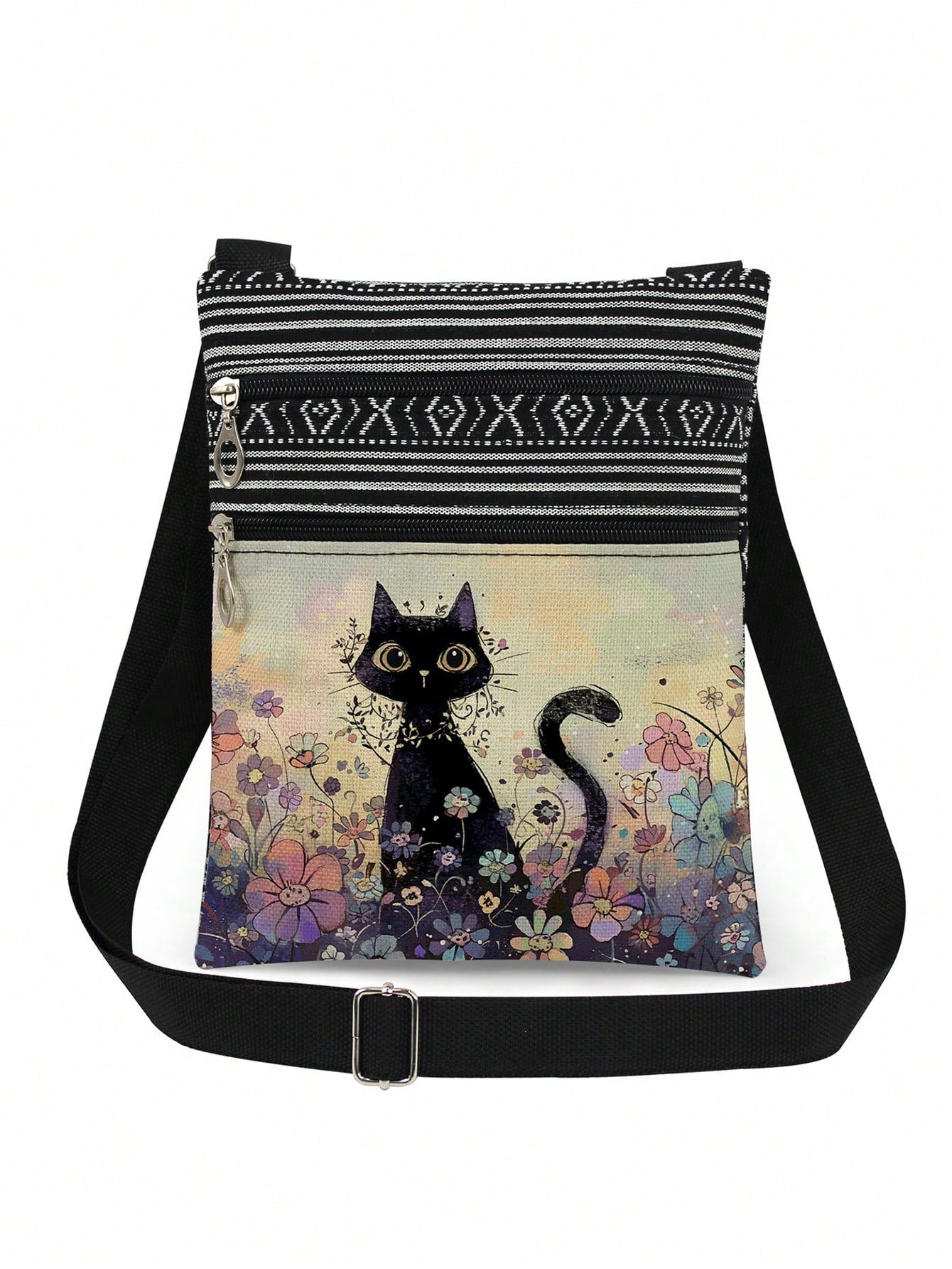 Cute Cartoon Black Cat Print Crossbody Bag, Reusable Shoulder Bag With Floral Animal Pattern, Adjustable Strap, Portable Messenger Bag, Party Gift For Cat Lovers, Purple, Kawaii