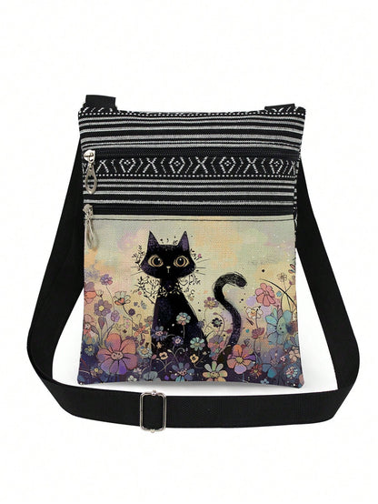 Cute Cartoon Black Cat Print Crossbody Bag, Reusable Shoulder Bag With Floral Animal Pattern, Adjustable Strap, Portable Messenger Bag, Party Gift For Cat Lovers, Purple, Kawaii