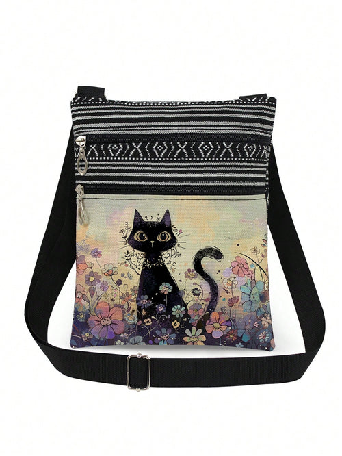 Cute Cartoon Black Cat Print Crossbody Bag, Reusable Shoulder Bag With Floral Animal Pattern, Adjustable Strap, Portable Messenger Bag, Party Gift For Cat Lovers, Purple, Kawaii