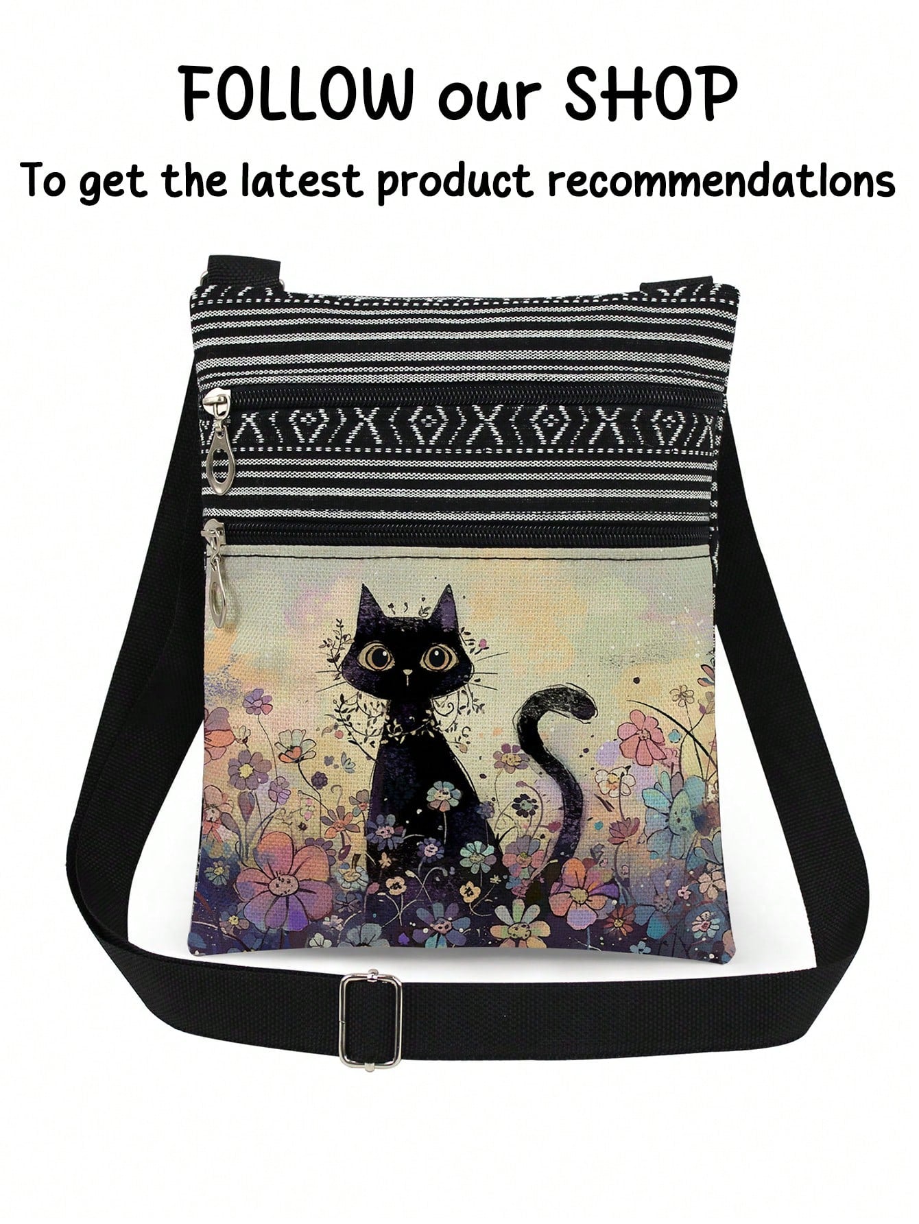 Cute Cartoon Black Cat Print Crossbody Bag, Reusable Shoulder Bag With Floral Animal Pattern, Adjustable Strap, Portable Messenger Bag, Party Gift For Cat Lovers, Purple, Kawaii