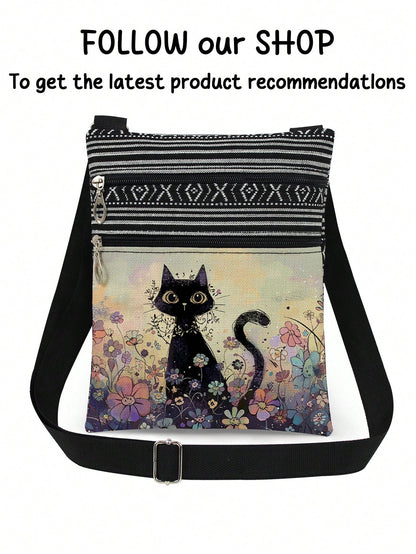 Cute Cartoon Black Cat Print Crossbody Bag, Reusable Shoulder Bag With Floral Animal Pattern, Adjustable Strap, Portable Messenger Bag, Party Gift For Cat Lovers, Purple, Kawaii