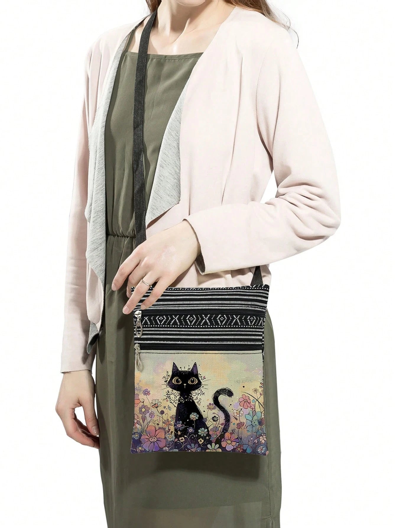 Cute Cartoon Black Cat Print Crossbody Bag, Reusable Shoulder Bag With Floral Animal Pattern, Adjustable Strap, Portable Messenger Bag, Party Gift For Cat Lovers, Purple, Kawaii