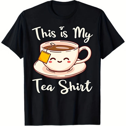 Cute Cartoon Style, Coffee Cup And Tea Print, Soft And Breathable Fabric, Loose Round Neck Short Sleeves, Unisex Casual Graphic T-Shirt.