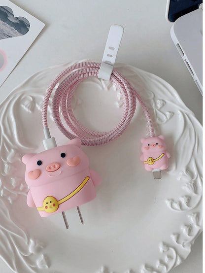 Cute Charger And Data Cable Protector Set, Compatible With Apple 20W Charger, Includes Cable Protector, Cable Organizer And Plug Cover, 4-Piece Charger Protector Set