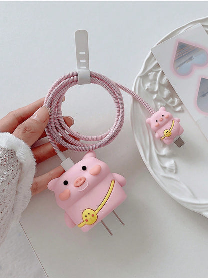 Cute Charger And Data Cable Protector Set, Compatible With Apple 20W Charger, Includes Cable Protector, Cable Organizer And Plug Cover, 4-Piece Charger Protector Set