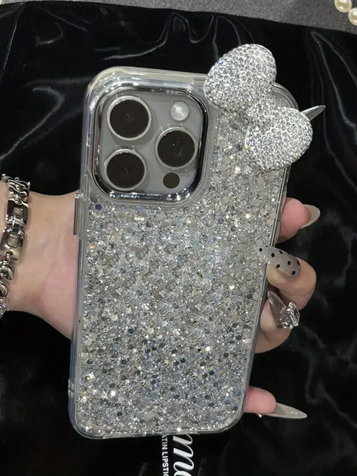 Cute Luxury Bow Element Fashion Rhinestone Epoxy Glitter Phone Case Compatible With IPhone 16 15 14 13 12 11 Pro Max Cute Bow Anti-Drop Protective Cover Waterproof Shockproof Scratch Resistant Spring