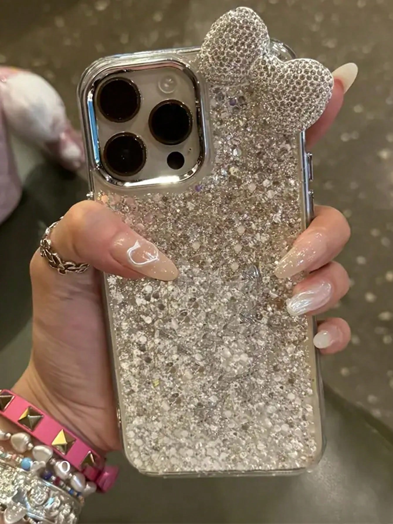 Cute Luxury Bow Element Fashion Rhinestone Epoxy Glitter Phone Case Compatible With IPhone 16 15 14 13 12 11 Pro Max Cute Bow Anti-Drop Protective Cover Waterproof Shockproof Scratch Resistant Spring