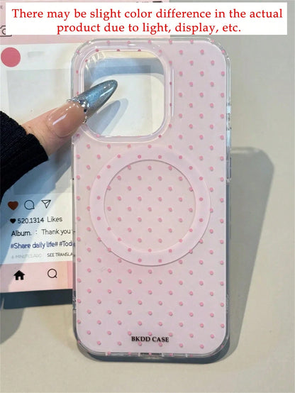 Cute Luxury Pink Fashion Polka Dot Phone Case Magnetic Wireless Charging Phone Premium Case Compatible With IPhone 17 Pro Max 16 15 14 13 12 11 Pro Max 16 15 14 Plus Glossy Jelly Color Shockproof Back