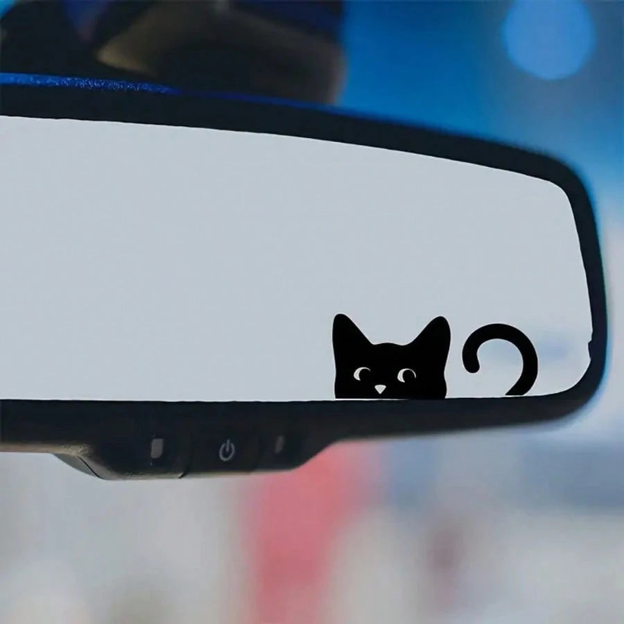 Cute Peeking Black Cat Rearview Mirror Vinyl Car Sticker, Cartoon Kitten Window Decal, Waterproof Automotive Interior Decor Sticker For Car Mirror