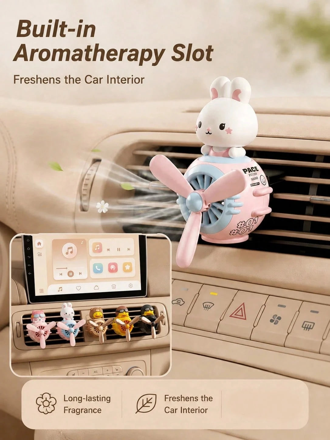 Cute Pilot Cat Car Air Freshener, Rotating Propeller Cartoon Air Vent Fan, Creative Car Fragrance Decoration, Car Air Freshener, Includes 2 Scented Candles