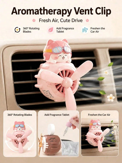 Cute Pilot Cat Car Air Freshener, Rotating Propeller Cartoon Air Vent Fan, Creative Car Fragrance Decoration, Car Air Freshener, Includes 2 Scented Candles
