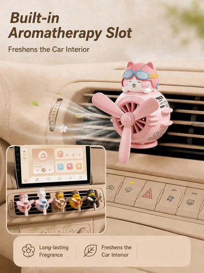 Cute Pilot Cat Car Air Freshener, Rotating Propeller Cartoon Air Vent Fan, Creative Car Fragrance Decoration, Car Air Freshener, Includes 2 Scented Candles