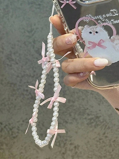 Cute Pink Ribbon Bow Bracelet Lanyard Phone Chain Compatible With IPhone Universal Accessories Women Girl Charm Lanyard Wrist Strap Anti-Lost Phone Chain Rope Hanging Cord Jewelry Gifts For Mother, Fa