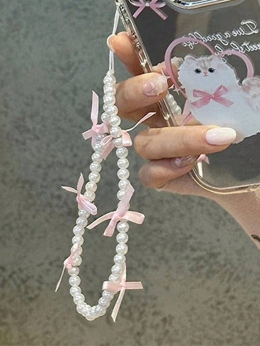 Cute Pink Ribbon Bow Bracelet Lanyard Phone Chain Compatible With IPhone Universal Accessories Women Girl Charm Lanyard Wrist Strap Anti-Lost Phone Chain Rope Hanging Cord Jewelry Gifts For Mother, Fa