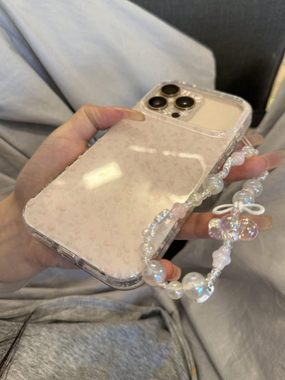 Cute Pink Wristlet Style Faux Pearl Element Fashion Phone Case Shockproof Case Wavy Pointed Bow Pendant Phone Case Compatible With 17 Pro Max 17 Pro 17 Air 17 16 15 14 13 12 11 Pro Max Jelly Texture C
