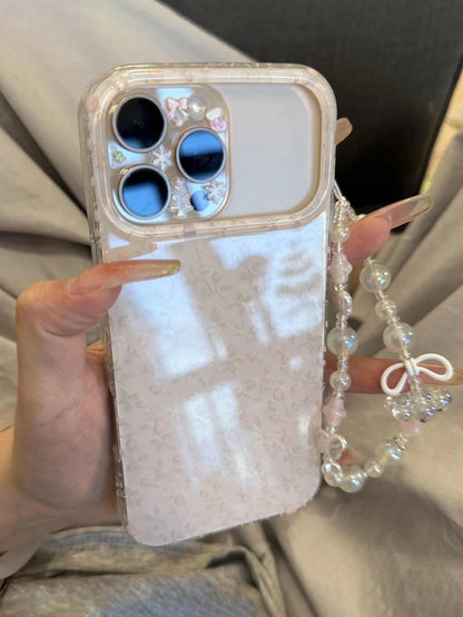 Cute Pink Wristlet Style Faux Pearl Element Fashion Phone Case Shockproof Case Wavy Pointed Bow Pendant Phone Case Compatible With 17 Pro Max 17 Pro 17 Air 17 16 15 14 13 12 11 Pro Max Jelly Texture C