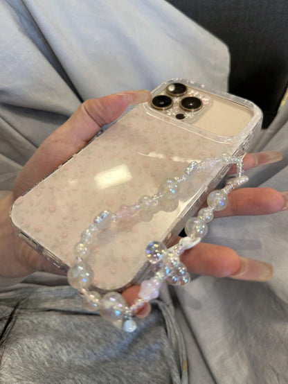 Cute Pink Wristlet Style Faux Pearl Element Fashion Phone Case Shockproof Case Wavy Pointed Bow Pendant Phone Case Compatible With 17 Pro Max 17 Pro 17 Air 17 16 15 14 13 12 11 Pro Max Jelly Texture C