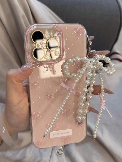 Cute Pink Wristlet Style Faux Pearl Element Fashion Phone Case Shockproof Case Wavy Pointed Bow Pendant Phone Case Compatible With 17 Pro Max 17 Pro 17 Air 17 16 15 14 13 12 11 Pro Max Jelly Texture C