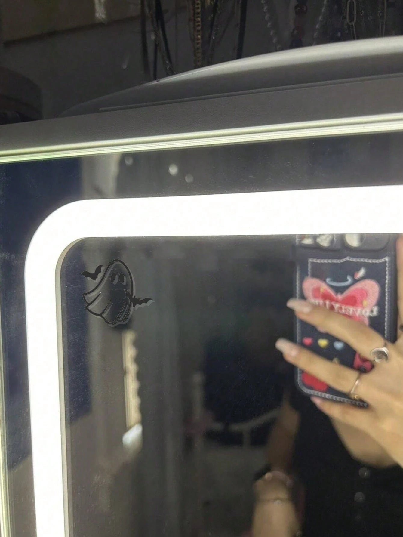 Cute Rear View Mirror Decal, Bats Decal, Ghost Holding Bat, It's Frickin' Bats I Love Halloween, Halloween Decal