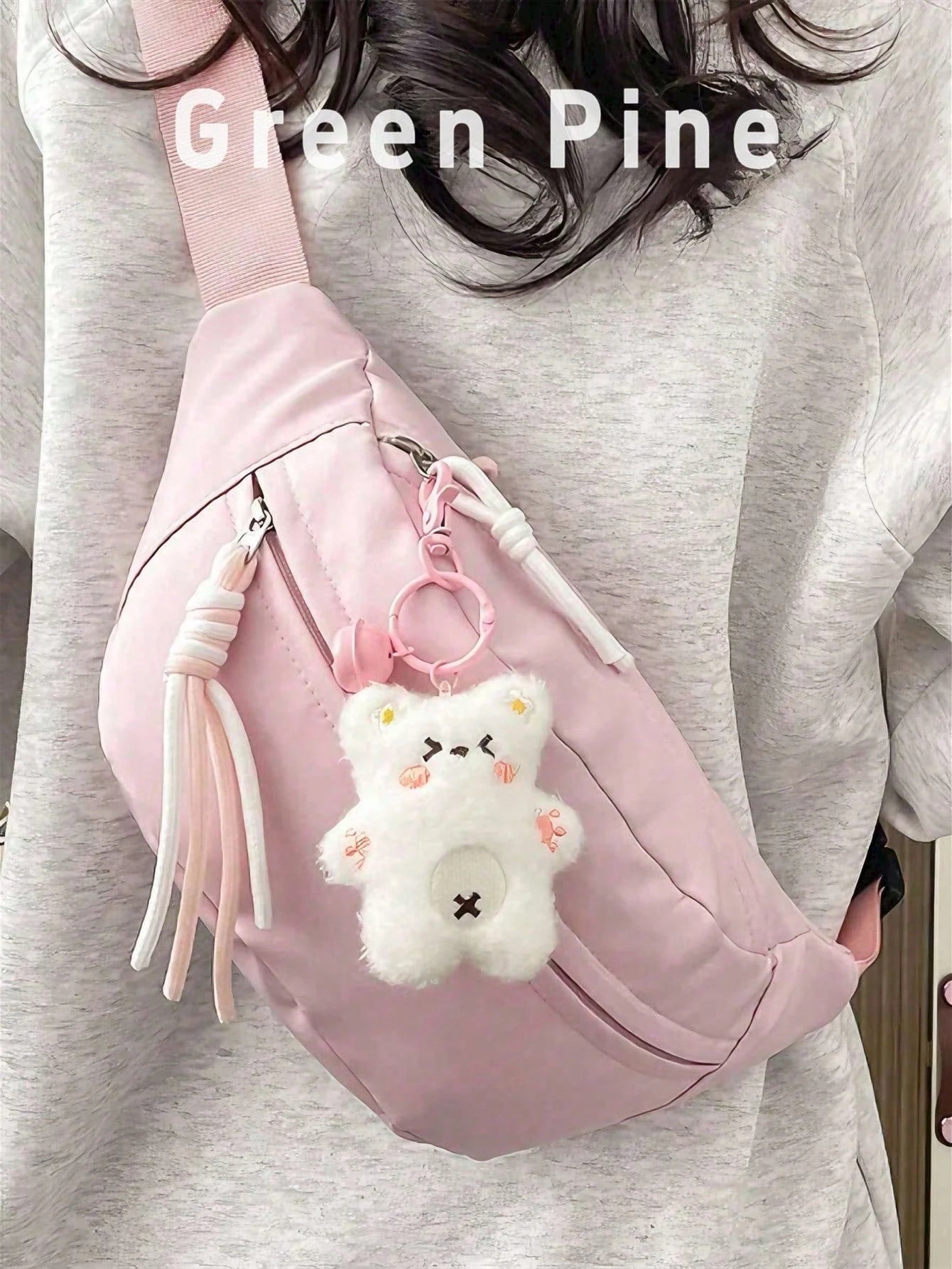 Cute Solid Color Women's Crossbody Bag, Suitable For Students' Summer Street Style, Multifunctional Waist Bag With Teddy Bear Pendant
