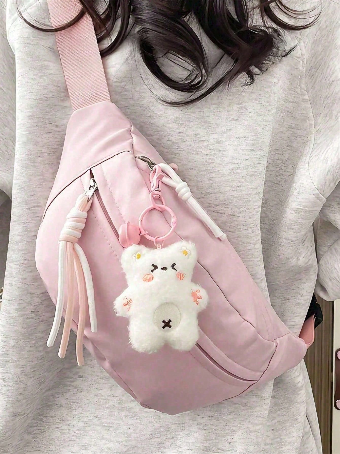 Cute Solid Color Women's Crossbody Bag, Suitable For Students' Summer Street Style, Multifunctional Waist Bag With Teddy Bear Pendant