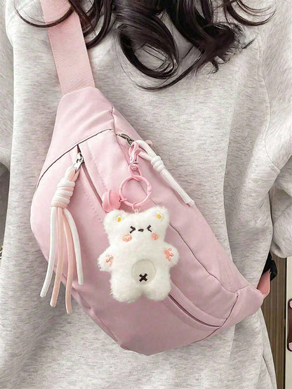 Cute Solid Color Women's Crossbody Bag, Suitable For Students' Summer Street Style, Multifunctional Waist Bag With Teddy Bear Pendant