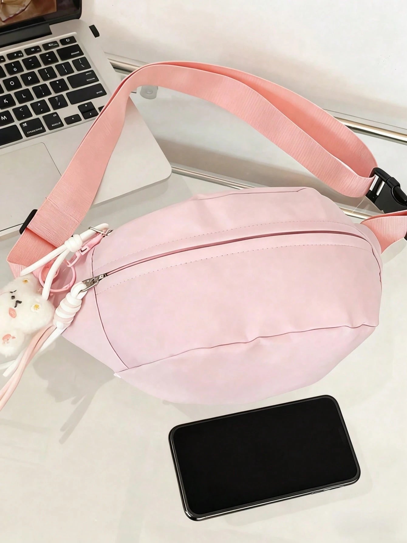 Cute Solid Color Women's Crossbody Bag, Suitable For Students' Summer Street Style, Multifunctional Waist Bag With Teddy Bear Pendant