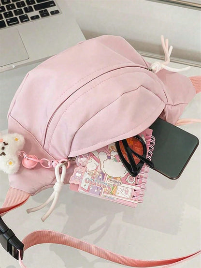 Cute Solid Color Women's Crossbody Bag, Suitable For Students' Summer Street Style, Multifunctional Waist Bag With Teddy Bear Pendant