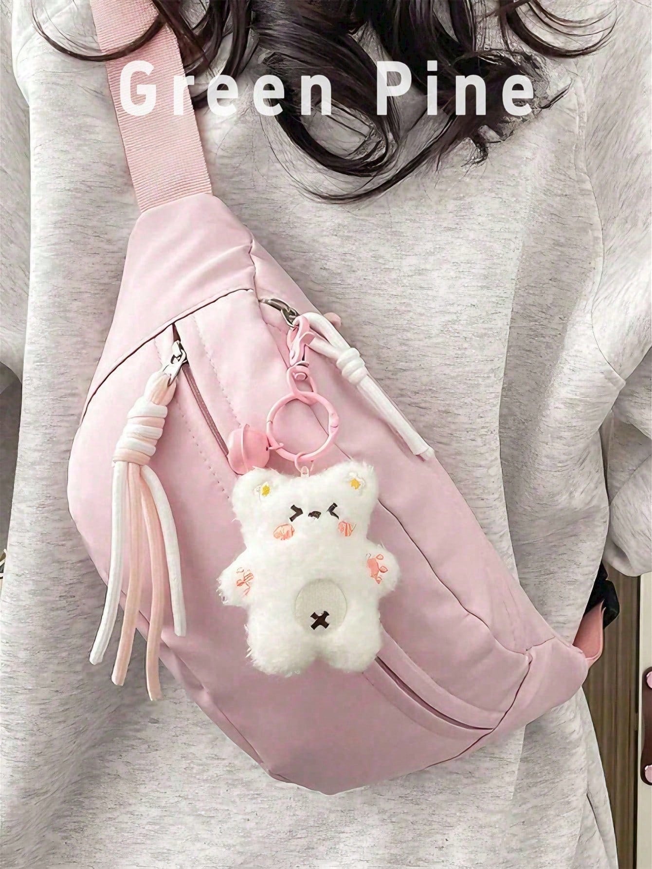 Cute Solid Color Women's Crossbody Bag, Suitable For Students' Summer Street Style, Multifunctional Waist Bag With Teddy Bear Pendant