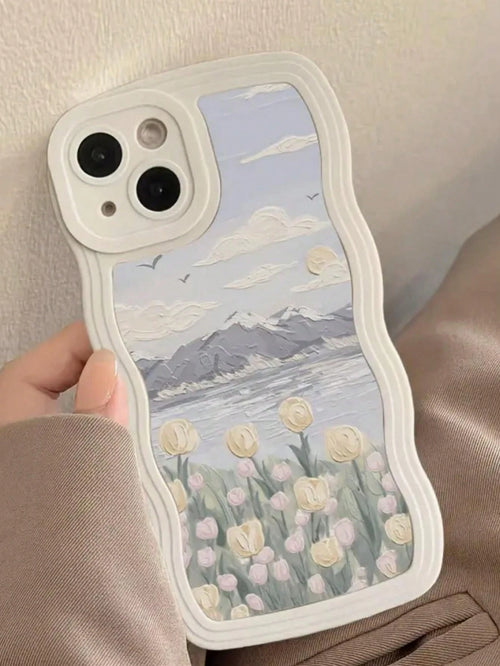 Cute White Oil Painting Element Fashion Phone Case Summer Apple 1pc New Creative White Wave Oil Flower Tulip Pattern Phone Case Compatible With IPhone 15 Pro Max/11/12/13/14 Plus/XR/7/8 Plus Protectiv