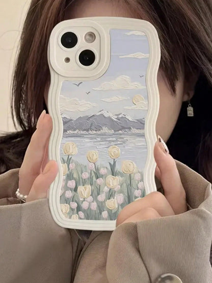 Cute White Oil Painting Element Fashion Phone Case Summer Apple 1pc New Creative White Wave Oil Flower Tulip Pattern Phone Case Compatible With IPhone 15 Pro Max/11/12/13/14 Plus/XR/7/8 Plus Protectiv