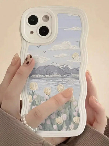Cute White Oil Painting Element Fashion Phone Case Summer Apple 1pc New Creative White Wave Oil Flower Tulip Pattern Phone Case Compatible With IPhone 15 Pro Max/11/12/13/14 Plus/XR/7/8 Plus Protectiv