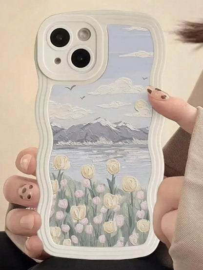 Cute White Oil Painting Element Fashion Phone Case Summer Apple 1pc New Creative White Wave Oil Flower Tulip Pattern Phone Case Compatible With IPhone 15 Pro Max/11/12/13/14 Plus/XR/7/8 Plus Protectiv