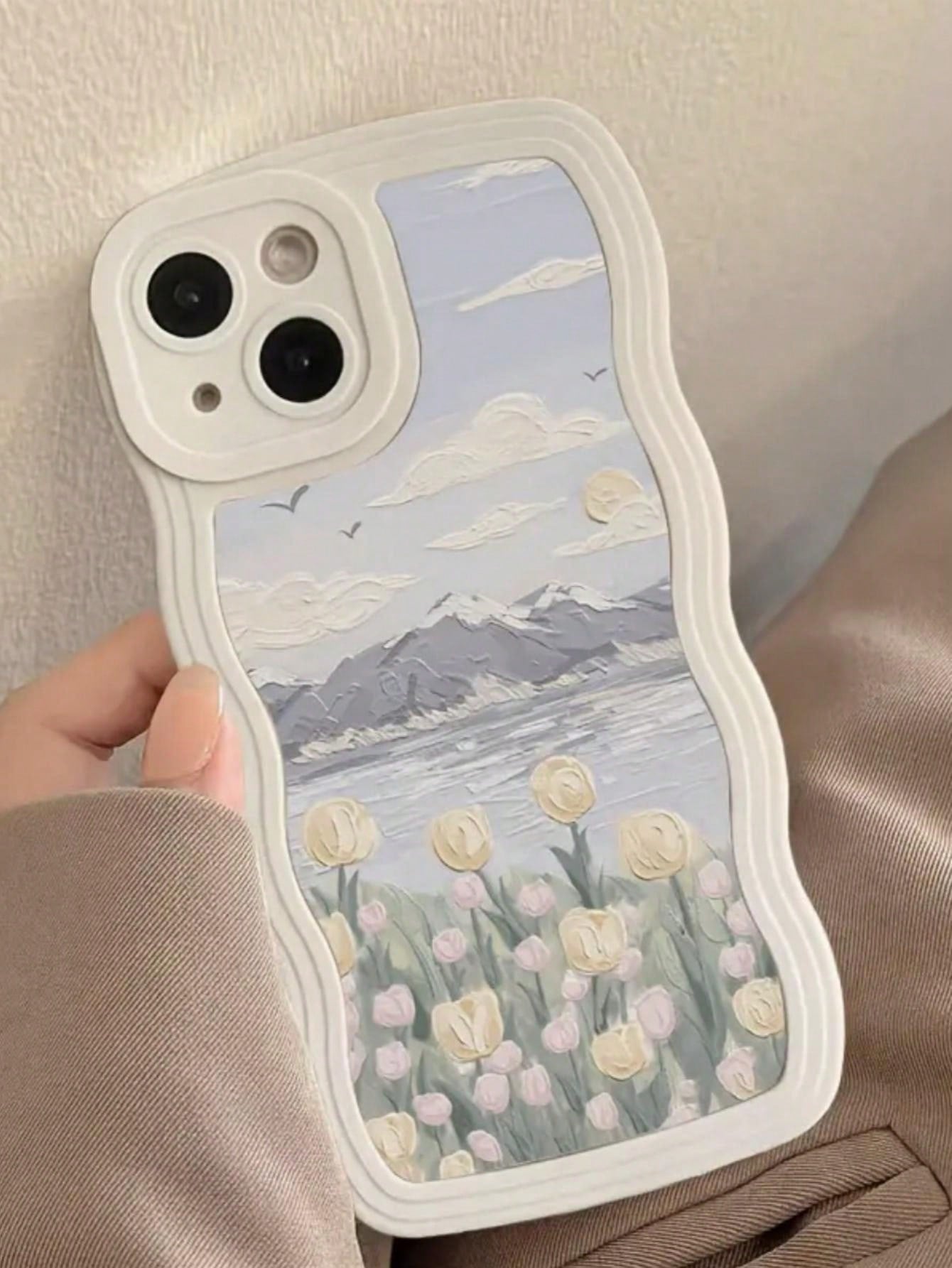 Cute White Oil Painting Element Fashion Phone Case Summer Apple 1pc New Creative White Wave Oil Flower Tulip Pattern Phone Case Compatible With IPhone 15 Pro Max/11/12/13/14 Plus/XR/7/8 Plus Protectiv