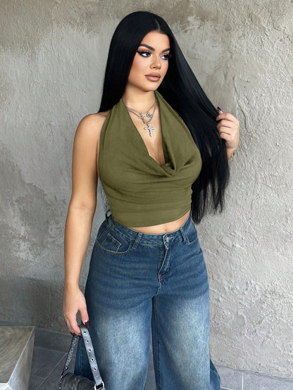 Dayanna Comas Women Scoop Neck Sleeveless Cropped Y2K Sage Green Sexy Top, Stylish Plain Color,Rave Top Casual, Aesthetic
