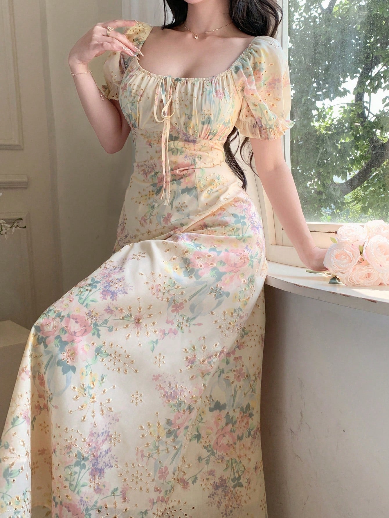 DAZY French Romantic Ditsy Floral Puff Sleeve Dress, Women's Cinched Cinched Waist Chiffon Dress For Summer 2024 Vacation Outfits Women Boho