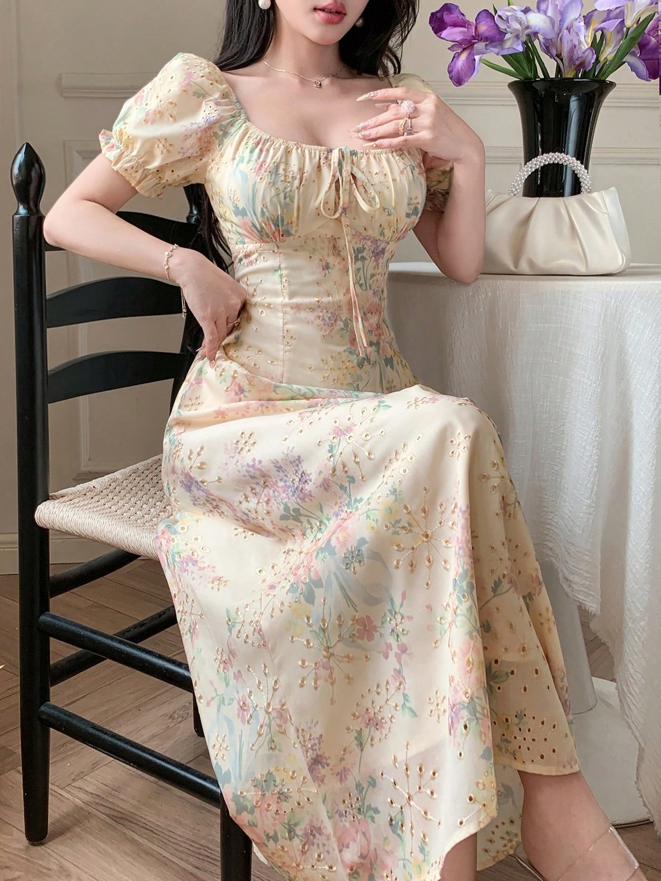 DAZY French Romantic Ditsy Floral Puff Sleeve Dress, Women's Cinched Cinched Waist Chiffon Dress For Summer 2024 Vacation Outfits Women Boho