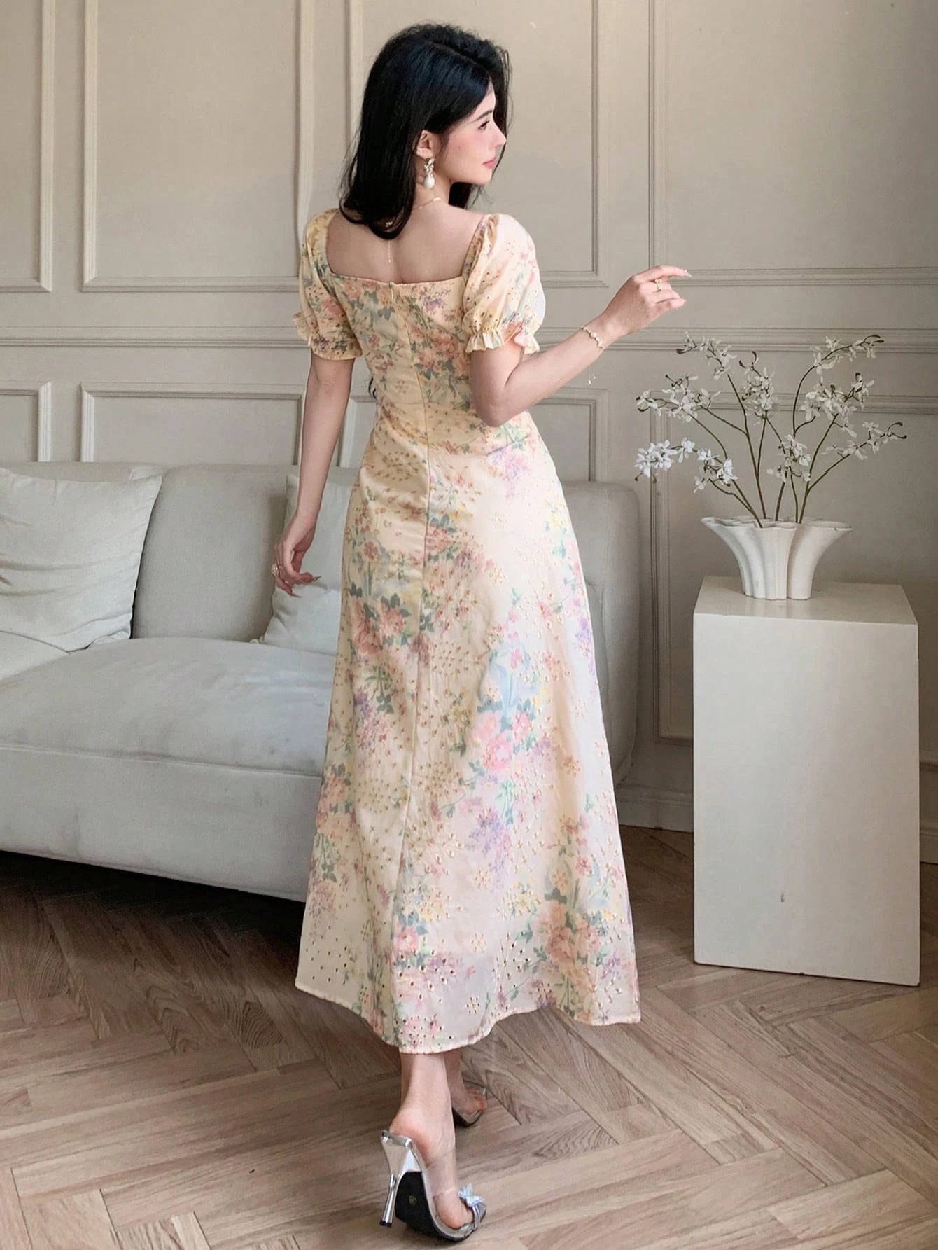 DAZY French Romantic Ditsy Floral Puff Sleeve Dress, Women's Cinched Cinched Waist Chiffon Dress For Summer 2024 Vacation Outfits Women Boho