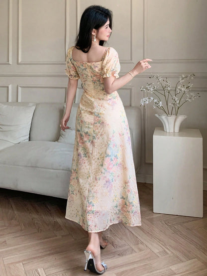 DAZY French Romantic Ditsy Floral Puff Sleeve Dress, Women's Cinched Cinched Waist Chiffon Dress For Summer 2024 Vacation Outfits Women Boho