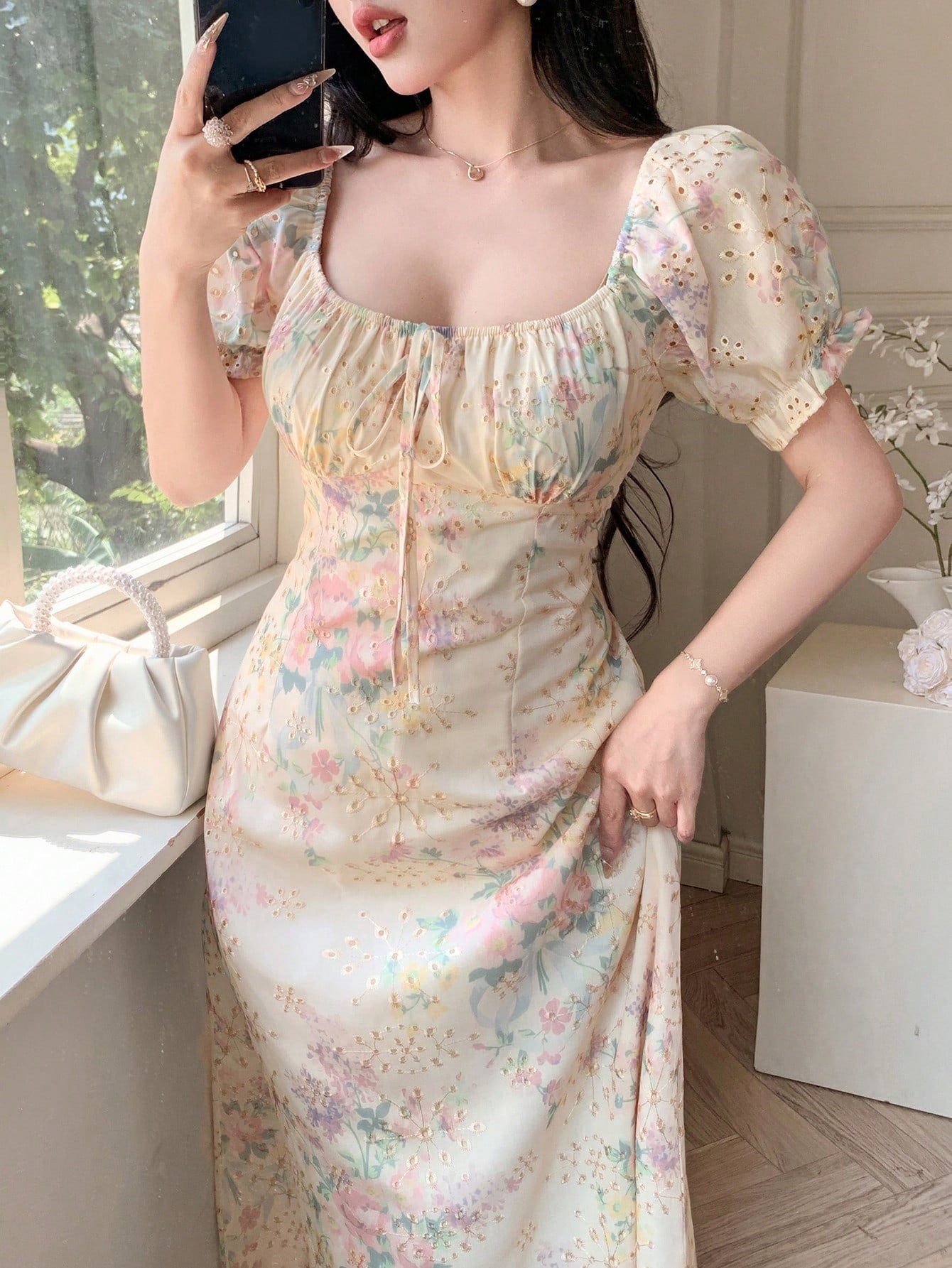 DAZY French Romantic Ditsy Floral Puff Sleeve Dress, Women's Cinched Cinched Waist Chiffon Dress For Summer 2024 Vacation Outfits Women Boho