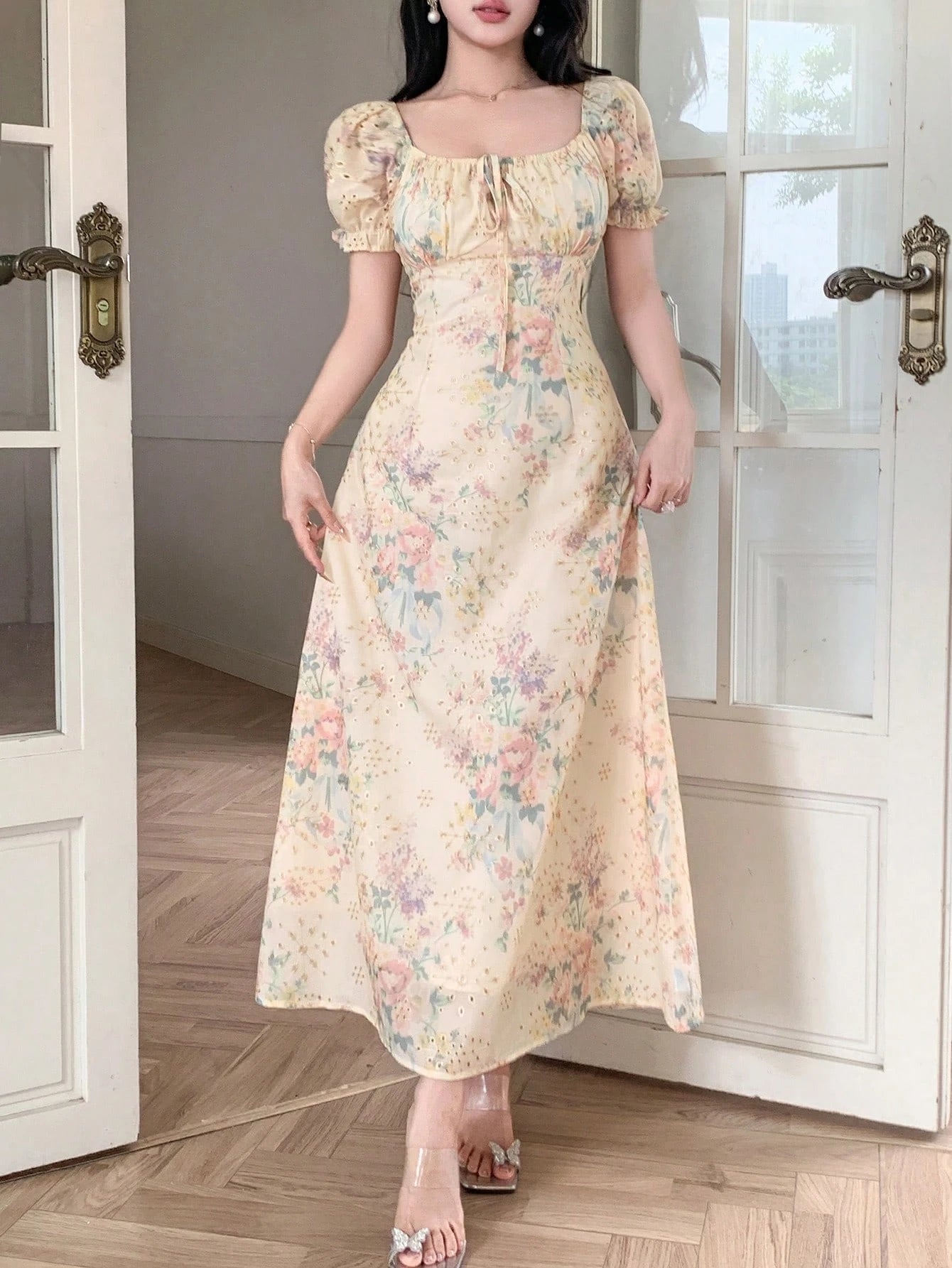 DAZY French Romantic Ditsy Floral Puff Sleeve Dress, Women's Cinched Cinched Waist Chiffon Dress For Summer 2024 Vacation Outfits Women Boho