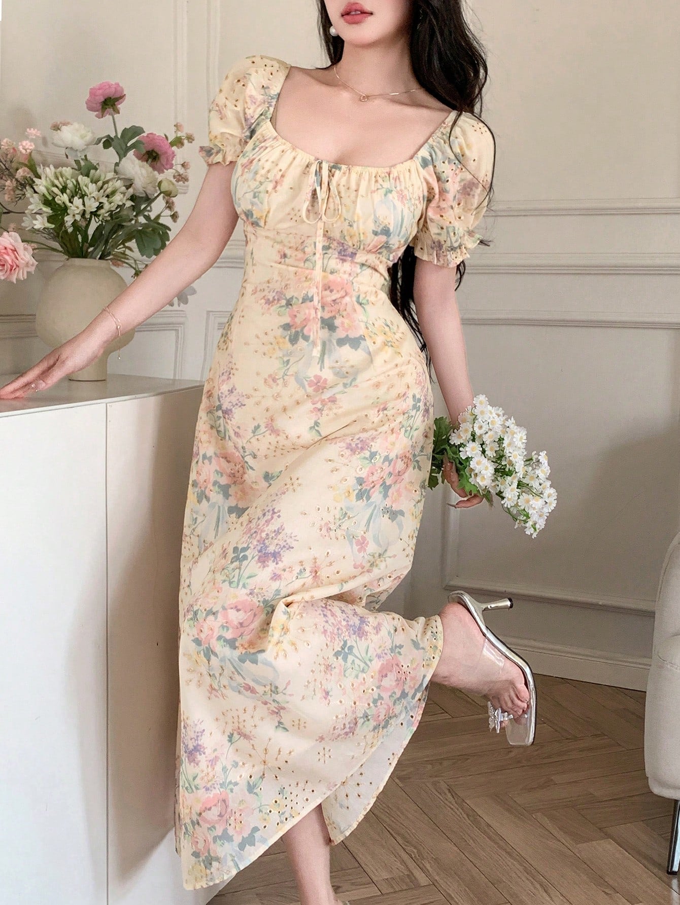 DAZY French Romantic Ditsy Floral Puff Sleeve Dress, Women's Cinched Cinched Waist Chiffon Dress For Summer 2024 Vacation Outfits Women Boho