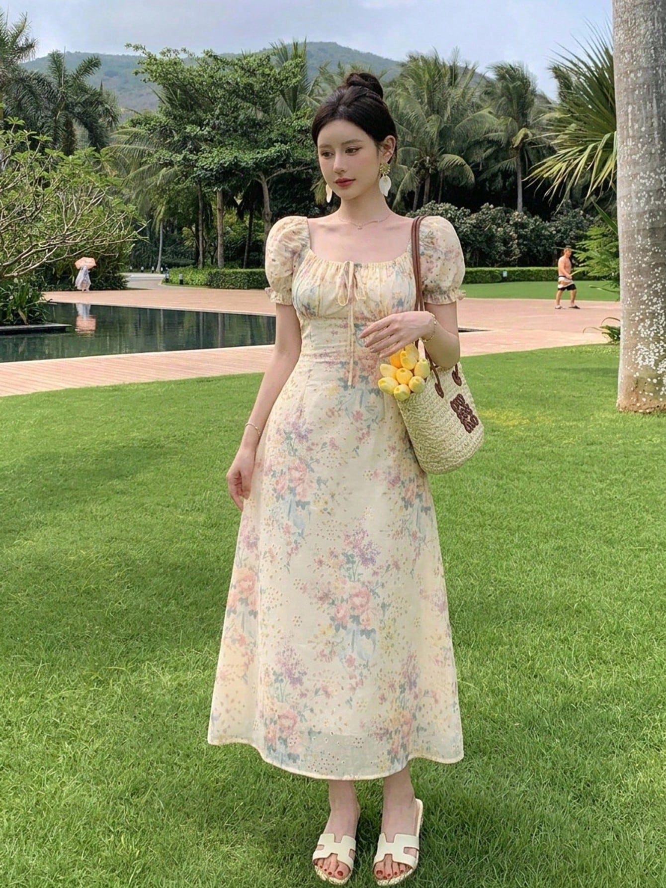 DAZY French Romantic Ditsy Floral Puff Sleeve Dress, Women's Cinched Cinched Waist Chiffon Dress For Summer 2024 Vacation Outfits Women Boho