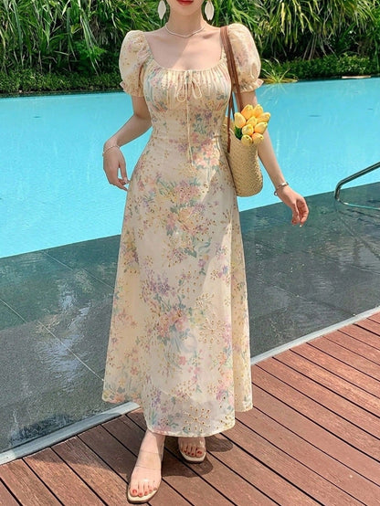 DAZY French Romantic Ditsy Floral Puff Sleeve Dress, Women's Cinched Cinched Waist Chiffon Dress For Summer 2024 Vacation Outfits Women Boho
