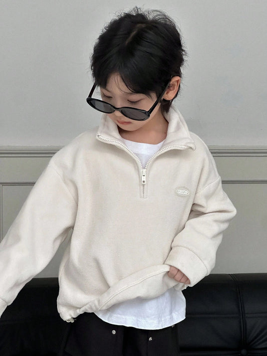 DAZY Kids Fall Clothes, Young Boys Casual Loose Fit Sweatshirt With Silicone Label, Minimalist Style For Autumn
