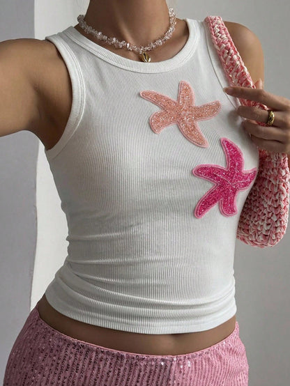 Dazy Plus Starfish 3D Decor White Cropped Top Slim Fit Casual Vacation Style Camisole Sexy Plus Size Women Spring Summer White Tank Top
