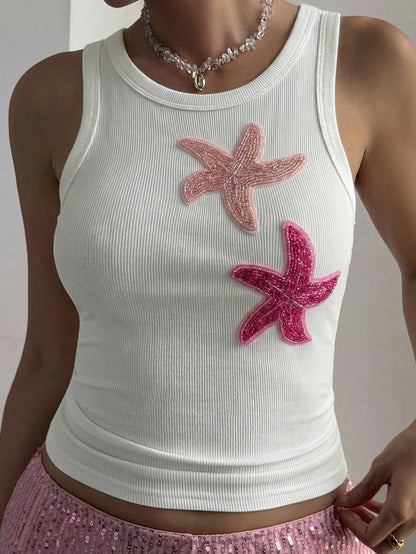 Dazy Plus Starfish 3D Decor White Cropped Top Slim Fit Casual Vacation Style Camisole Sexy Plus Size Women Spring Summer White Tank Top
