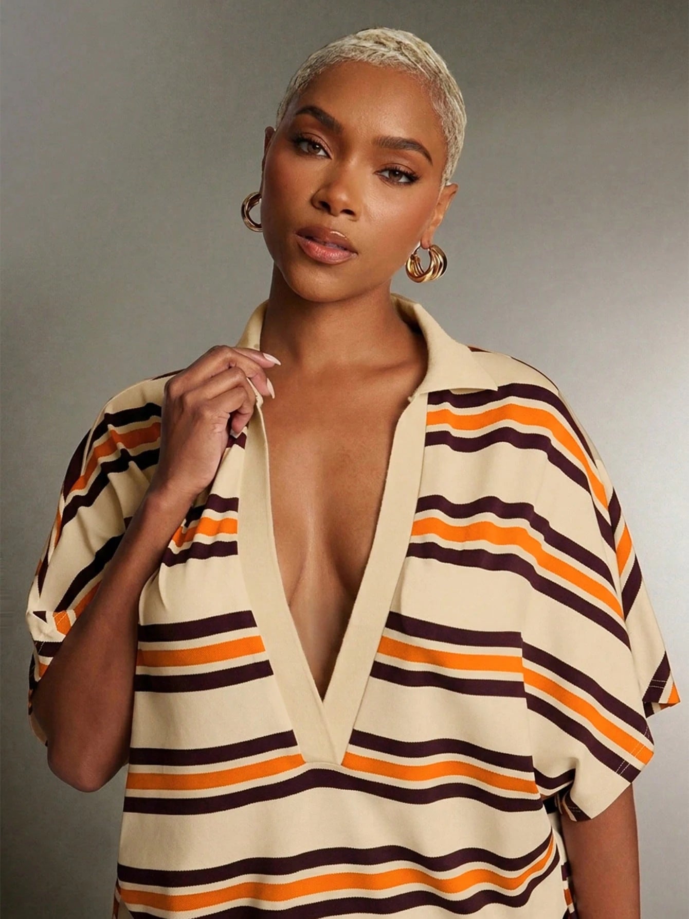 Denimoi Plunge Neck Collared Oversized Striped Polo Top Fashionable Tops, Vintage V Neck Casual Blouse, Daily Comfy