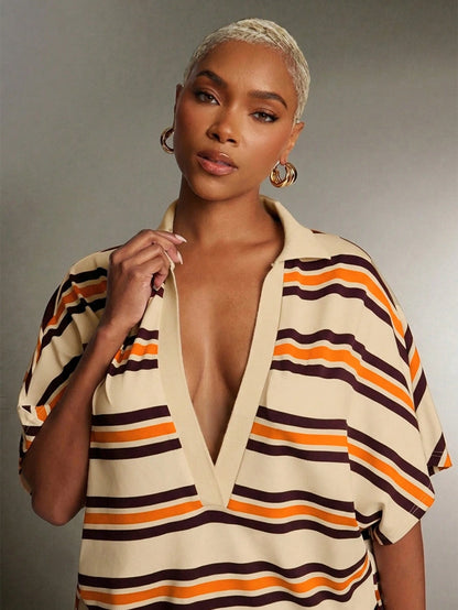 Denimoi Plunge Neck Collared Oversized Striped Polo Top Fashionable Tops, Vintage V Neck Casual Blouse, Daily Comfy