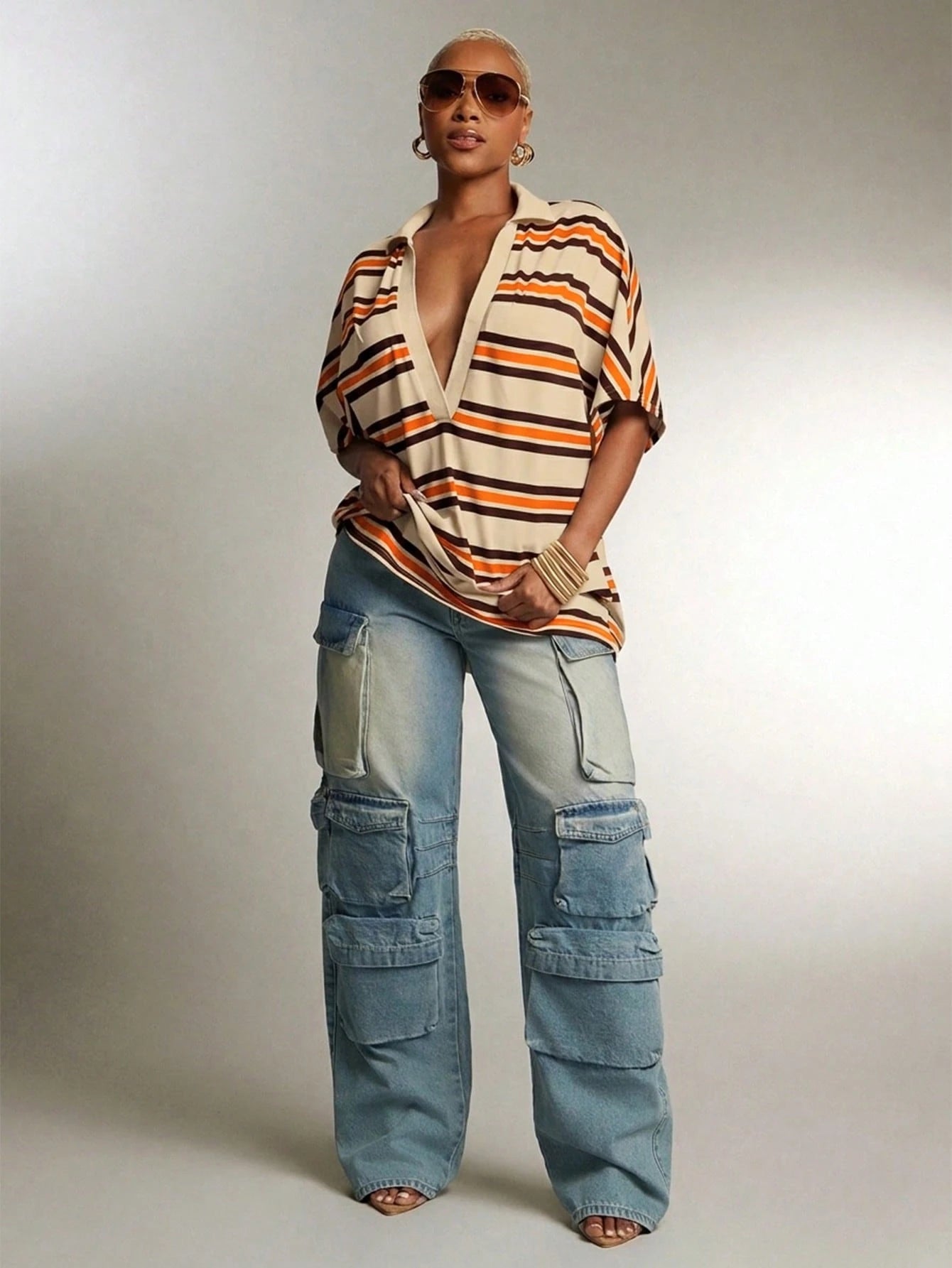 Denimoi Plunge Neck Collared Oversized Striped Polo Top Fashionable Tops, Vintage V Neck Casual Blouse, Daily Comfy